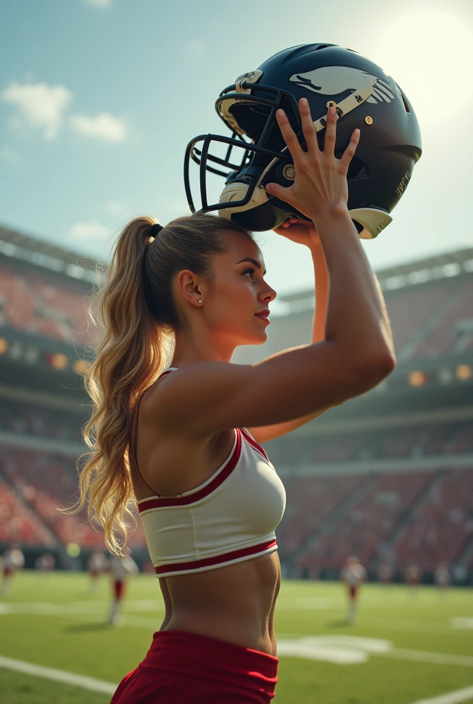 Blonde, Beautiful, and strong teen cheerleader lifting a large male football player high above her head with her strong arms. Photorealistic. View from a distance. Wide angle.