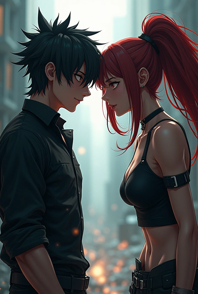 A man and a woman dark rock anime version, facing each other to see who is better, but the girl is more powerful