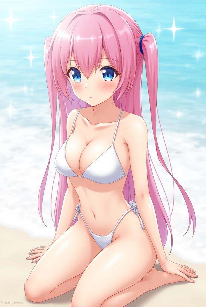 Anime Girl,cute,Ultra-high resolution, (1 person, 1 person), (Very detailed, Expressive shine, Sparkling, Shining Eyes), Random Hair, (Pink), Swimsuit(White), bikini swimsuit, girl sitting,big breasts,