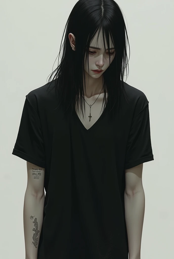 Tall boy, long straight black hair, ojos negros tired outs, White skin, with a black shirt, masculine, delgado, depressant, with self-harm on the arms, tired out, serious face, selling on the neck, baggy eyes, angel bites piercing, Brigitte
