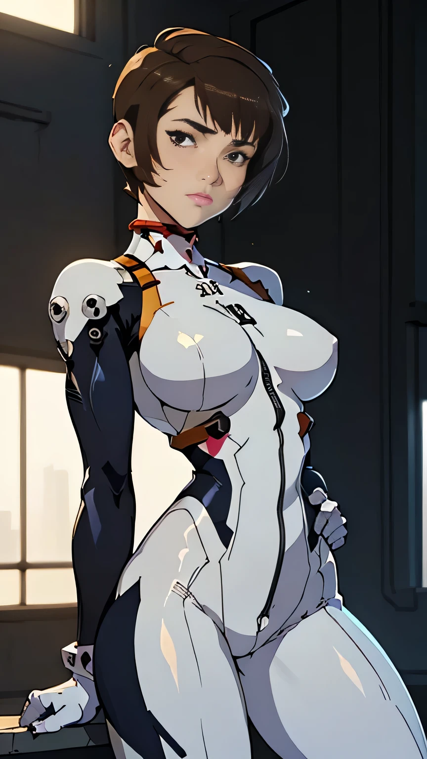 photo of mlp Meowko, RAW, beautiful woman, ((portrait)), ((detailed face:1.2)), ((anime face, anime facial feature, clear skin, glossy anime lips, clear skin), (short lesbian haircut, brunette: 1.55), (perfect proportioned body, Strong, muscular, narrow waist, narrow hips, skinny, massive breasts), flexing, (she is wearing a tight jumpsuit, Neon Genesis Evangelion plug suit, Rei Ayanami cosplay, white with Blue accents, unzipping suit, undressing), mecha background, huge metropolis, hands behind Head, arched back, kneeling on platform, splits kneeling, legs open, (realistic photo, best quality, detailed), (8k wallpaper), (bright cinematic lighting, lens flares, beautiful light, (noon:1.3)) (sharp focus, intricate)