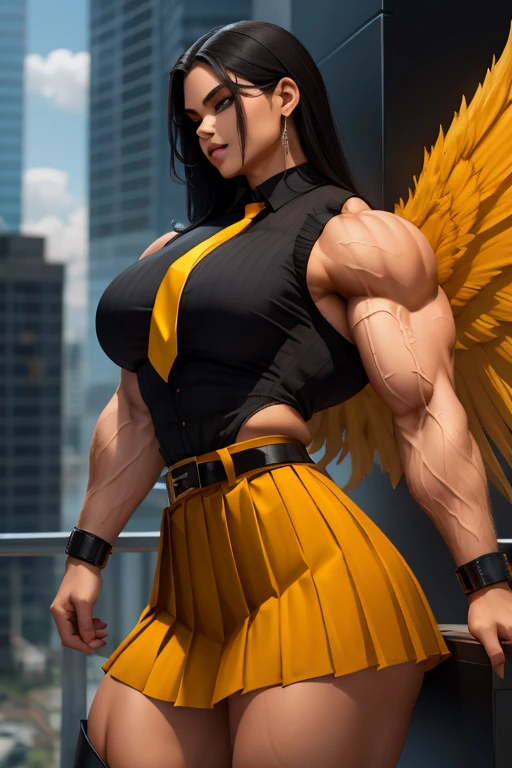 ((Close-up)), tall, (black hair) beautiful muscular woman, long straight hair, light brown skinned, closed smile, (black lipstick), (massive muscles), (hyper muscle), ((ginormous bulky muscles)), orange eyes, (((sleeveless black pleated shirt))), (giant angel wings), (((long yellow pleated skirt with belt))), fingerless gloves, necktie, thigh highs, on a skyscraper, 