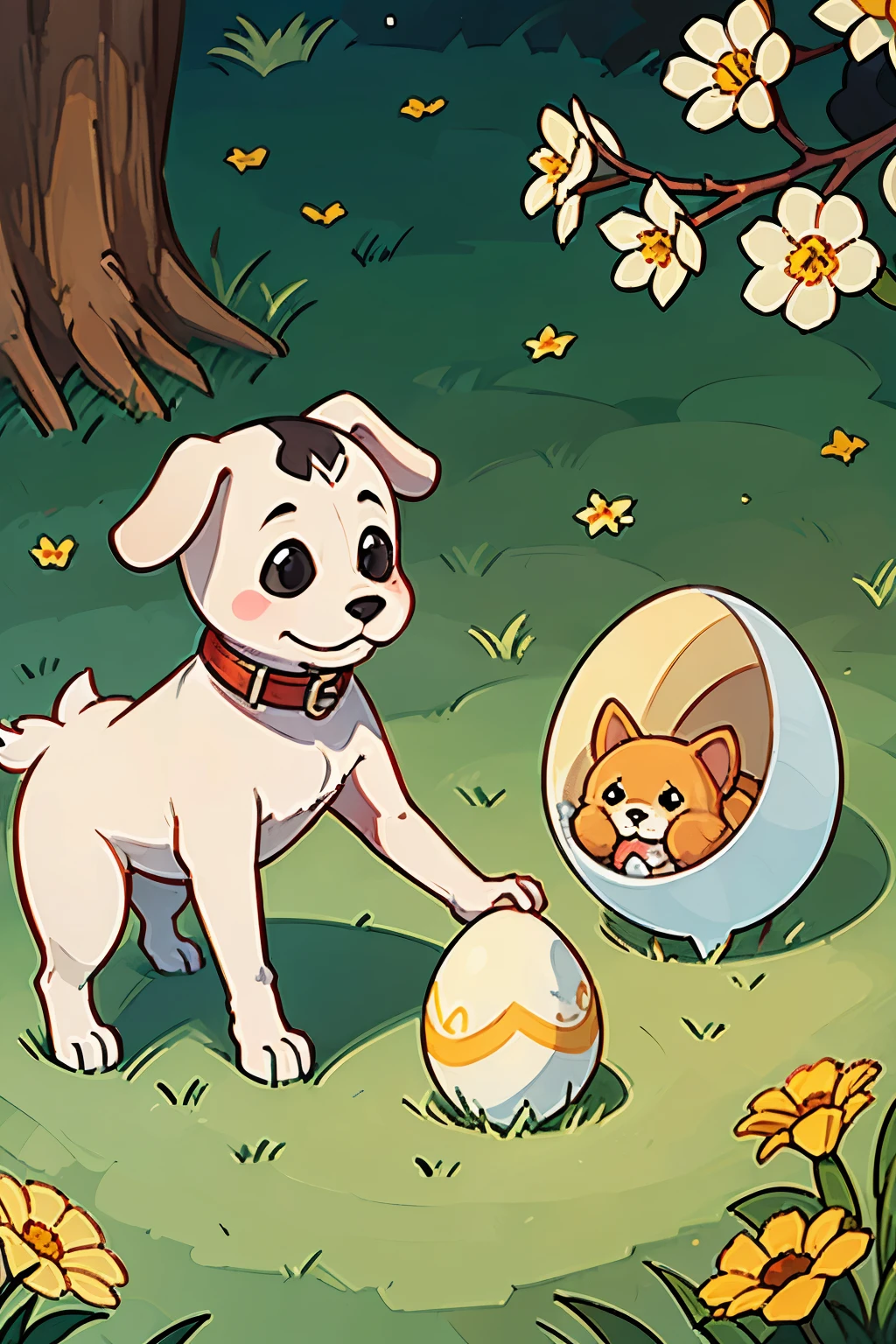 a dog saying WOOF to an egg on a lawn
