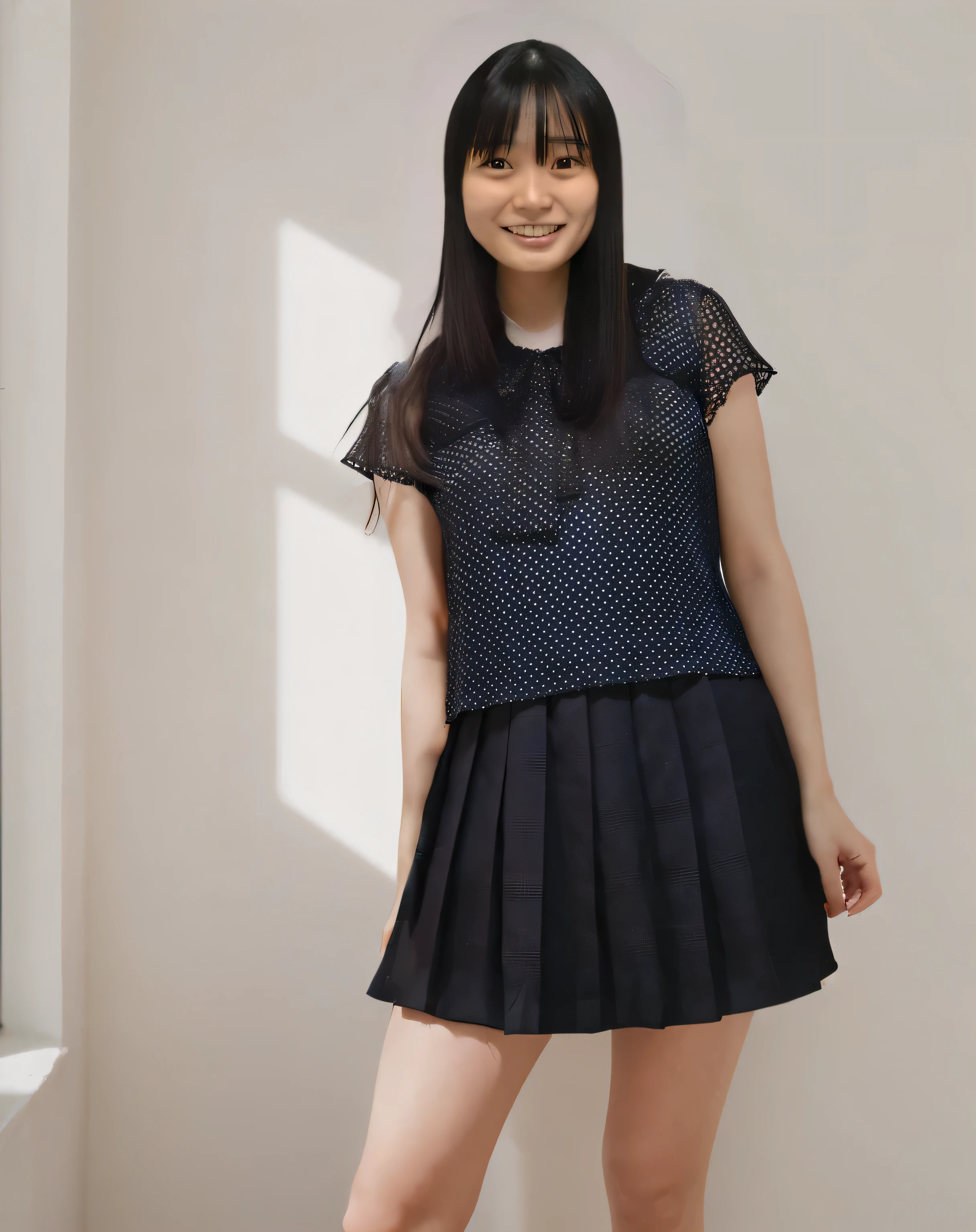 Super detailed,Highest quality,1 female,Standing in a room with white walls, looking at you.,illuminated by sunlight from the window,Posing for a photo,The background is blurred