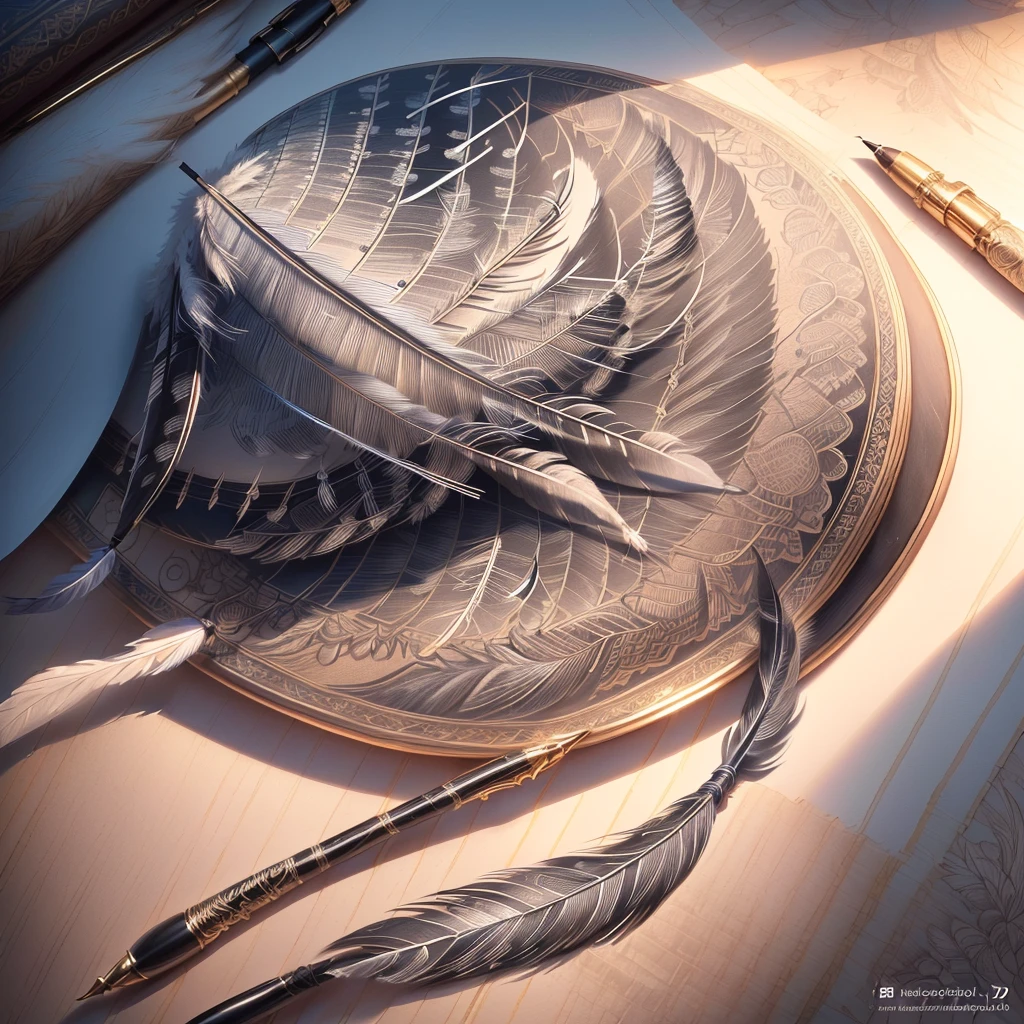 there is a pen and a drawing of a feather on a paper, feather pen, realistic. detailed feathers, made of feathers, detailed feathers, hyperrealistic illustration, highly detailed illustration, pen painting, high detailed illustration, artistic illustration, realistic illustration, photorealistic illustration, extremely detailed art, ultrarealistic illustration, ultra realistic illustration, highly detailed pen, anamorphic illustration
