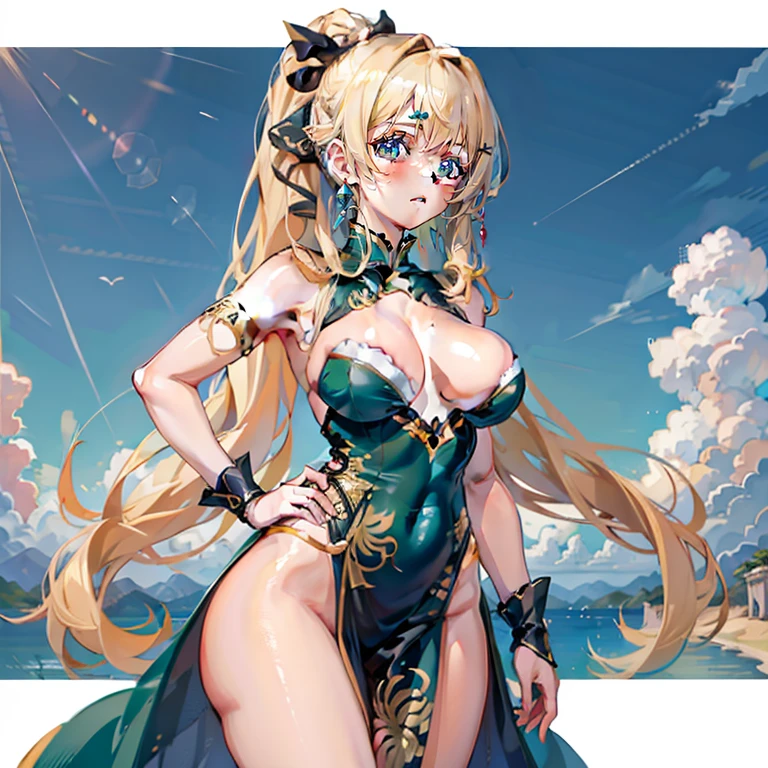 Anime Kawaii sexy Perfect Slim sensual body large breast and huge thighs, An intricate and highly detailed illustration of anime (Young girl). a young woman, beautiful, long straight hair with ponytail, blond hair, emerald green eyes, White skin, Detailed face, curvilinear body, small breasts, wide hips and thick thighs, green chinese dress with yellow patterns, tight, neckline, erotic.