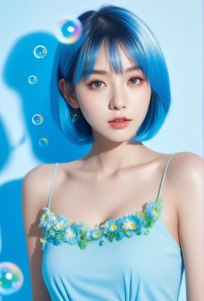(masterpiece), (best quality), (Super detailed),(illustration), (1 girl), (fashion clothing), permanent, fashion model, looking at the audience, (interview), (Simple background),Beautiful and delicate eyes, Exquisite and beautiful face, floating,(high saturation),(colorful splash),Colorful bubbles,(shining), focus on face, Ayaka Uesou, light blue hair, bangs, hair ring, floating flowers, sleek straight hair, (shining), best lighting, best shadow,