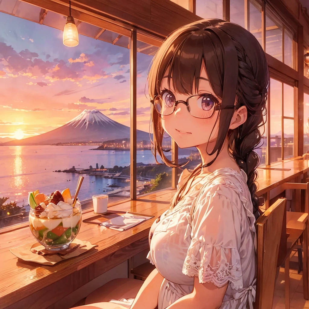 1 cute girl with long braided brown hair, braid with ribbon, glasses, white onepiece dress, (huge breast:1.3), sitting at a table in a restaurant with a view of the sea and Mt. Fuji in the distance, sunset sky, melon parfait on the table, looking out the window