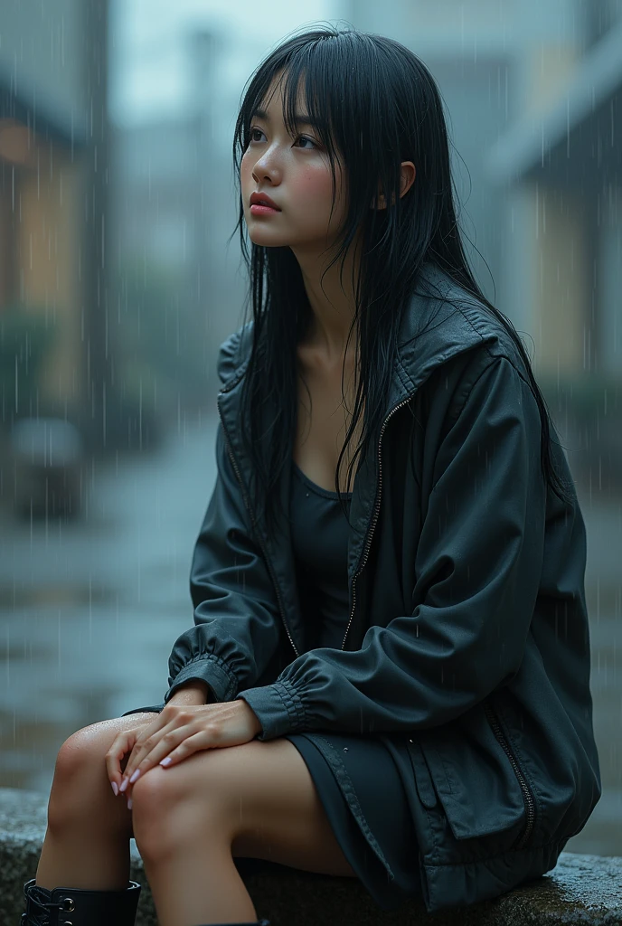 (photorealism:1.3), Japanese woman, 35 years old, a little fat woman, not looking at camera, some spots on the face, sitting in the rain, wearing wet dress and skirt and Dr.Martens ancle boots, black long straight, outdoors, soft lighting, relaxed pose, realistic, intricate details, cool colors