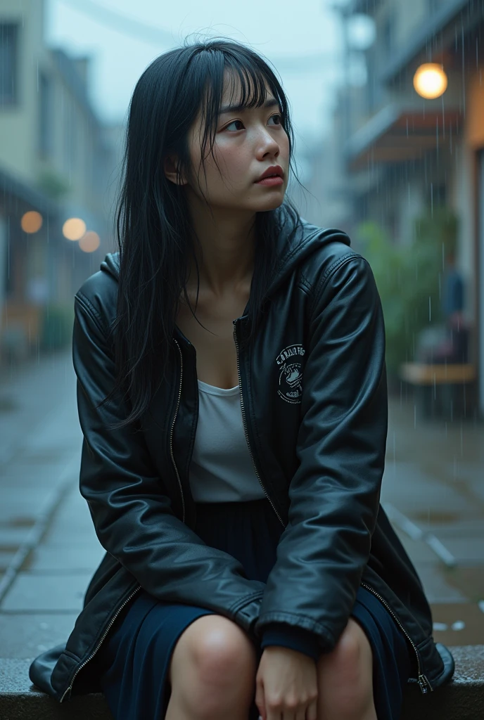 (photorealism:1.2), Japanese woman, 40 years old, a little fat woman, not looking at camera, some spots on the face, not putting on make-up, some gray hair, sitting in the rain, wearing wet dress and skirt, race jacket and Dr.Martens ancle boots, black long straight, outdoors, soft lighting, relaxed pose, realistic, intricate details, cool colors, some distance from Camera
