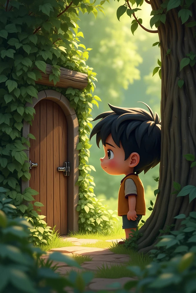 a black-haired boy finding a small door hidden among the trees in the backyard of his house