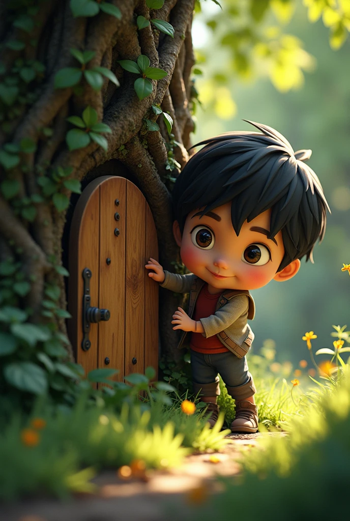 a black-haired boy finding a small door hidden among the trees in the backyard of his house