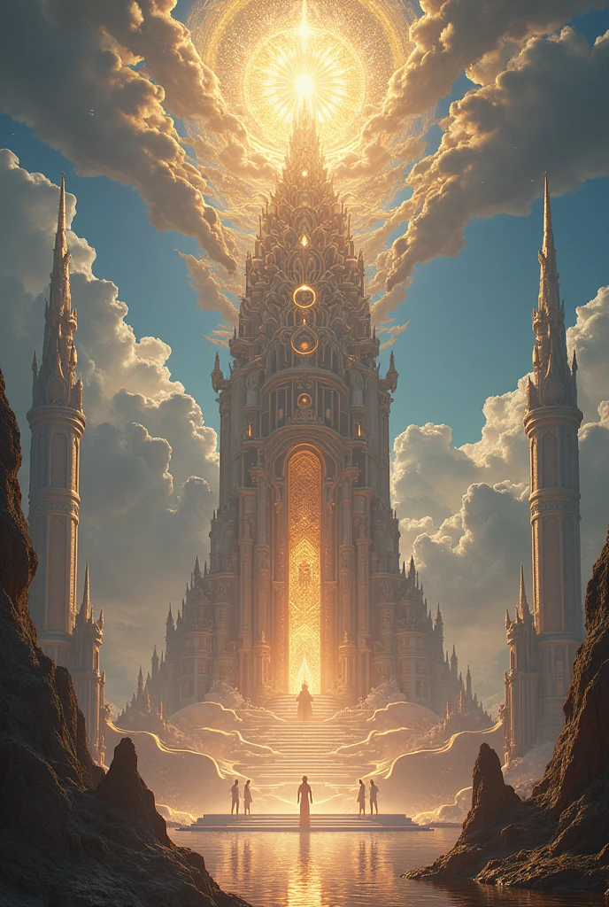 (best qualityer, Master Pieces, detailded, New features), A Majestic Kingdom in Heaven, with shimmering effects and an eternal realm. Reflective surfaces and ascending architecture that reaches the clouds. Stunning details that are intricately worked. A Cosmic Ode to Zeus.