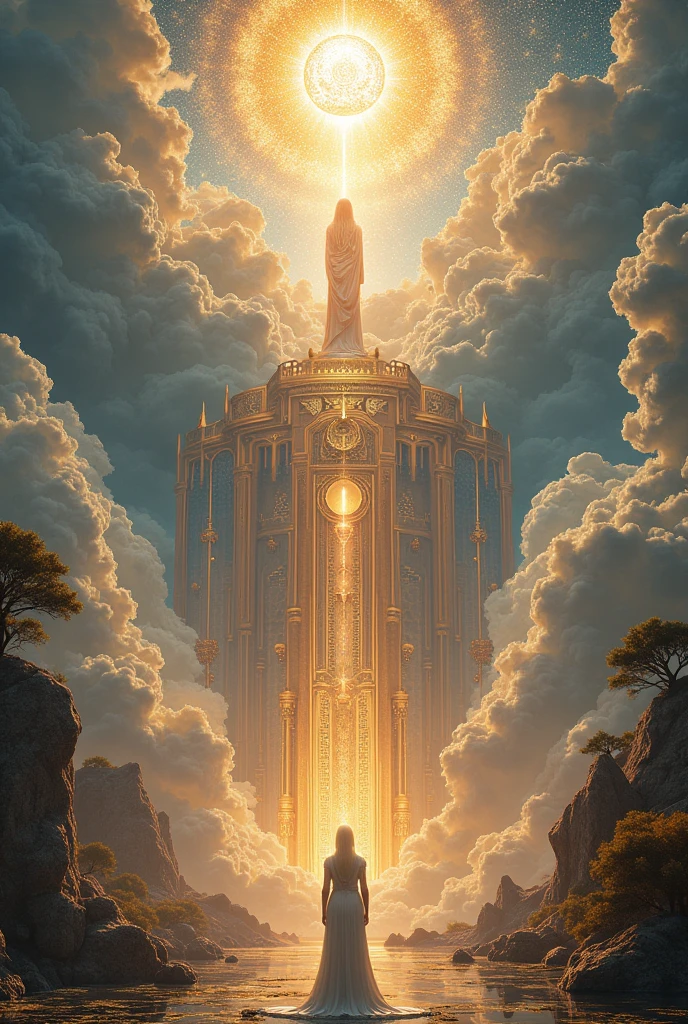 (best qualityer, Master Pieces, detailded, New features), A Majestic Kingdom in Heaven, with shimmering effects and an eternal realm. Reflective surfaces and ascending architecture that reaches the clouds. Stunning details that are intricately worked. A Cosmic Ode to Zeus.