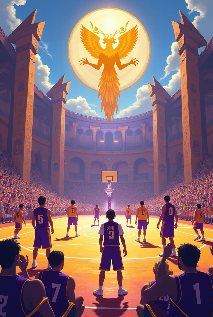 Purple and yellow interclass basketball regatta with a mythical animal symbol 