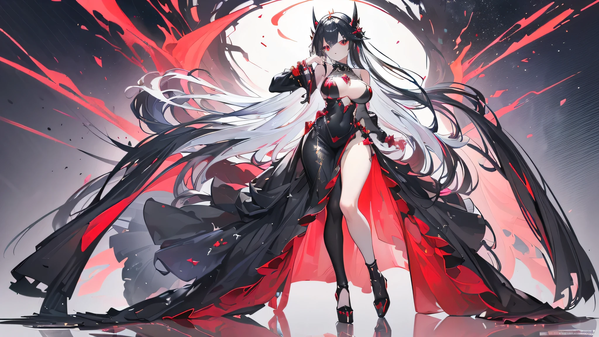 Exquisite eyes),(Clear and beautiful eyes:1.61),masterpiece, ung girl,(Black clothes and some red gems), Black long hair, (She has a huge red gem on her chest), Good Hand,((The Havoc of StarCraft)),full-body shot,Fighting Stance,(Red Eyes:1.466),short and small,(Very big breasts:1.35),(Pretty Face),(full-body shot:1.33),Beautiful hands
