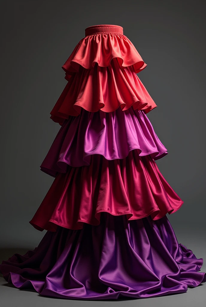 Create an image of a seven-layered, red and purple, unprinted satin crinolined skirt for Umbanda.

