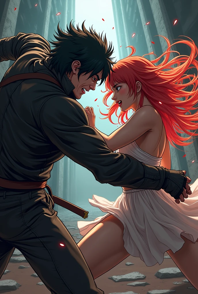 A man and a woman dark rock anime version, aggressively fighting to see who is better, but the girl is more powerful 