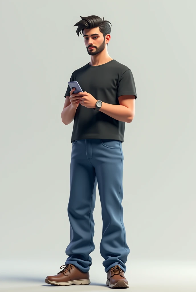 Someone wearing blue pants and a black shirt with a cell phone