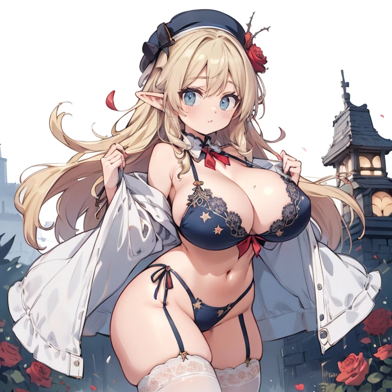 Anime Kawaii  Perfect Slim sensual body large  and huge thighs, An intricate and highly detailed illustration of anime (Young girl). A bikini、girl in a hat，(masterpiece, best quality) detailed,silver accessories , Blonde ,elegant, Pointed ears ，Deep V one-piece swimsuit，Double tail，Waist-length hair，Smile，Star decoration，White lace socks，thorns，Rose，Vest line