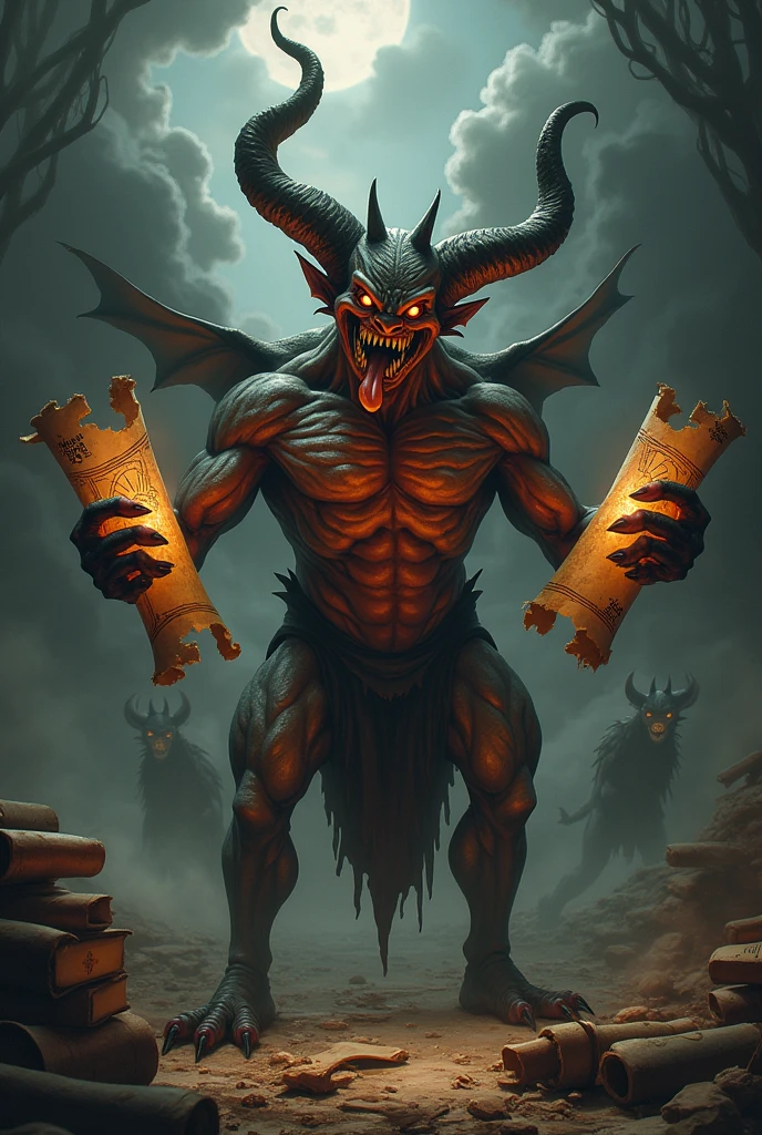 In cenamatic 3d cartoon style "Show Ahiravan, the demon king of Patal Lok, plotting in his dark, eerie realm.