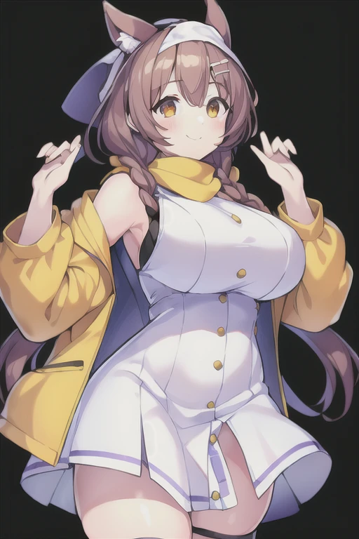 animal ears, huge tits, brunette magician in clothes that are far too big for her, embarrassed expression, teary eyes, loose clothes, magician's hat, nipples open shirt nsfw, breast expansion, (hand out of frame grabbing girls breast:1.3)