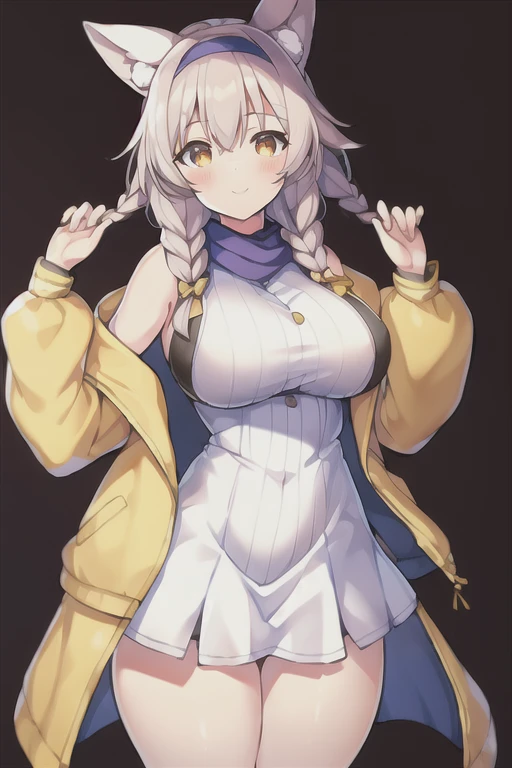 1girl, Korone, smile, dog ears, twin braids, sidelocks, hair ornament, ((white dress)), jacket, yellow jacket, jacket, open clothes, open jacket, dress, short dress, sleeveless dress, huge breasts, wide hips, thick thighs, tall, tall female, mature female, bandana, scarf, hourglass figure, standing, ((mature female))