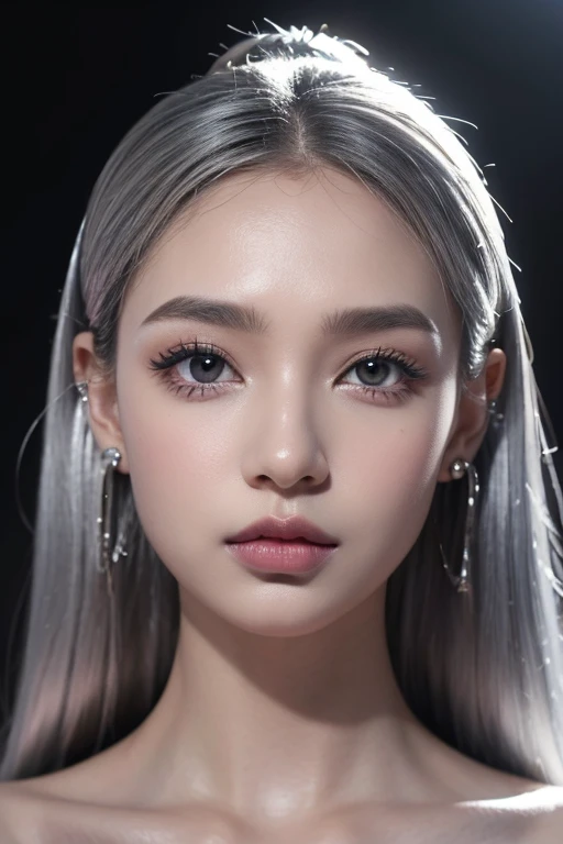 beauty girl, sasha mad, black girl, sapphire eyes, lips parted, nose ring silver, silver piercing, lips finger, super realism,
