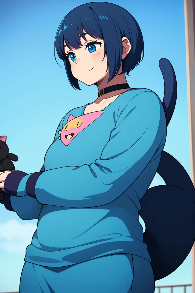 cat monster,cute,blue,short hair,little smile