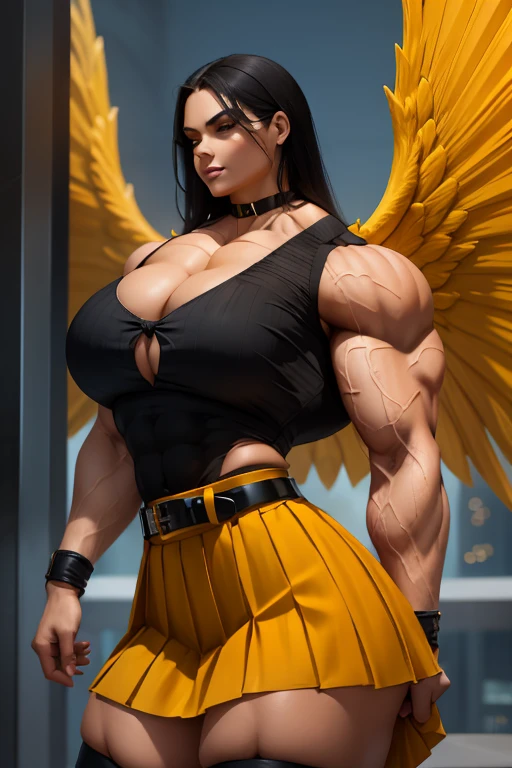 ((Close-up)), tall, (black hair) beautiful muscular woman, long straight hair, light brown skinned, closed smile, (black lipstick), (massive muscles), (hyper muscle), ((ginormous bulky muscles)), orange eyes, (((sleeveless black pleated shirt))), (giant angel wings), (((long yellow pleated skirt with belt))), fingerless gloves, necktie, thigh highs, on a skyscraper,