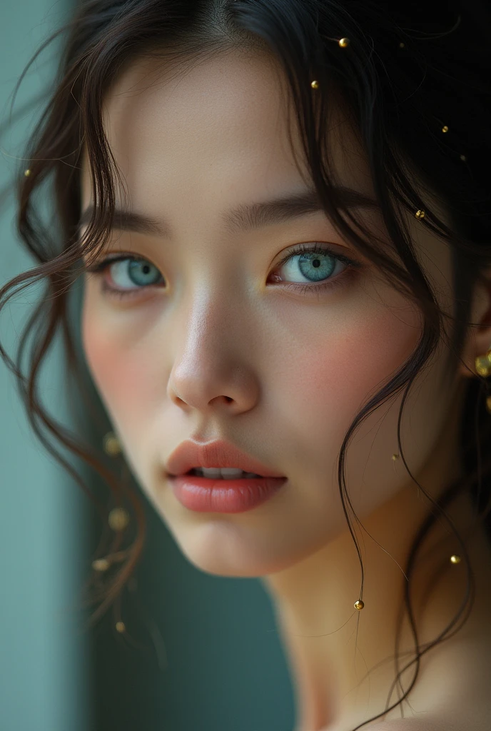 A beautiful woman, with bright and smooth skin, wearing gold electrodes in her ears. The picture is close to the face and has many details, blue and brown eyes.