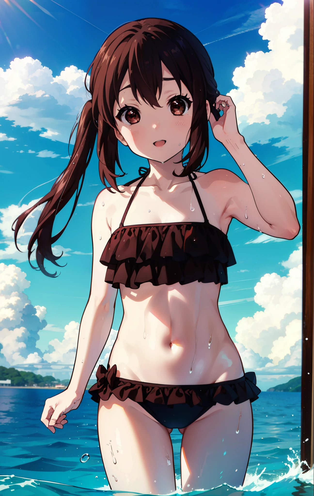 meet, Azusa Nakano, Black Hair, (Brown eyes:1.5), Long low twintails,smile,Open your mouth,Bikini swimsuit with ruffles,barefoot,Wet Hair,Wet swimsuit,Wet Skin,Daytime,Clear skies,True Summer,Water Play,whole bodyがイラストに入るように,
break outdoors, Ocean,Beach,
break looking at viewer,whole body, (Cowboy Shot:1.5),
break (masterpiece:1.2), Highest quality, High resolution, unity 8k wallpaper, (figure:0.8), (Beautiful attention to detail:1.6), Highly detailed face, Perfect lighting, Highly detailed CG, (Perfect hands, Perfect Anatomy),
