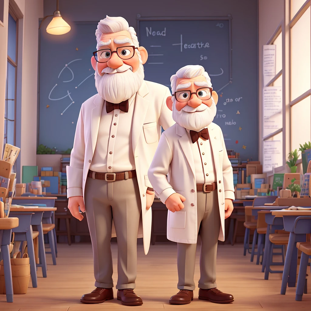 Full-body image, pointing the finger forward, looking straight ahead, pixar character, naughty man, looking straight ahead, pointing at the screen, 70 years old, he has a white beard, white mustache, White hair, is a teacher, wearing white coat and bow tie, wear glasses, hands up.