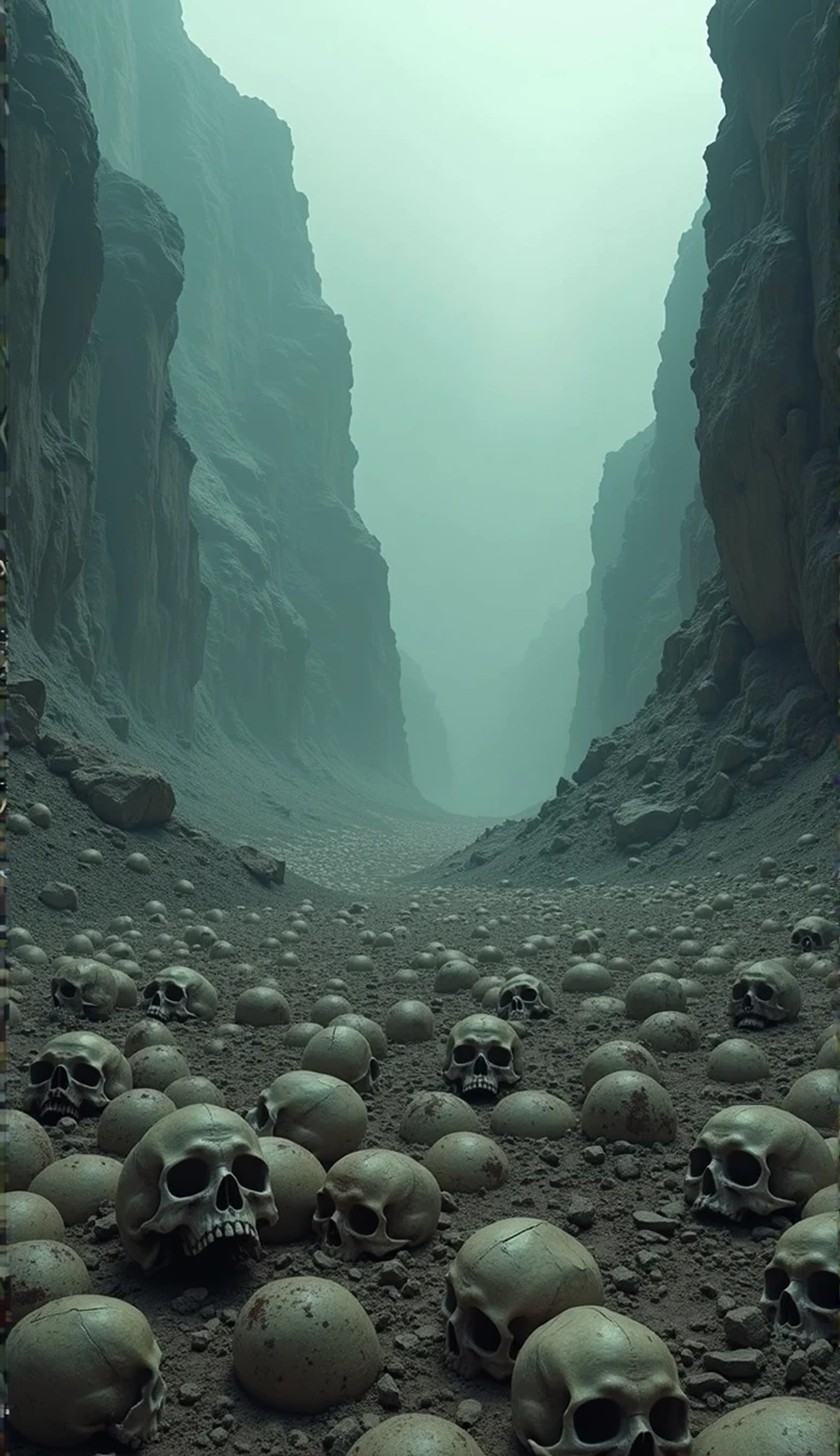 A horror mountain with all dolls laying here and there horror dolls road in between 