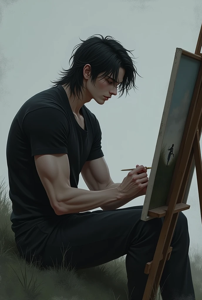 Handsome, realistic, muscular teenager
Tall with long black hair , with black clothes and handsome , beardless
with a sad, grayish background
Sitting painting and his friend listening to music lying on the grass