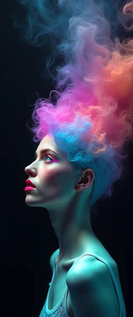 An ultra-realistic, highly detailed image of a perfectly symmetrical female head with pale skin and closed eyes. Her hair is made of colorful smoke in all shades, rising upwards like a mesmerizing aurora. The background is completely black, making the vibrant colors of the smoke stand out. The image captures the ethereal beauty of the scene, with every detail of the skin and smoke meticulously rendered 
