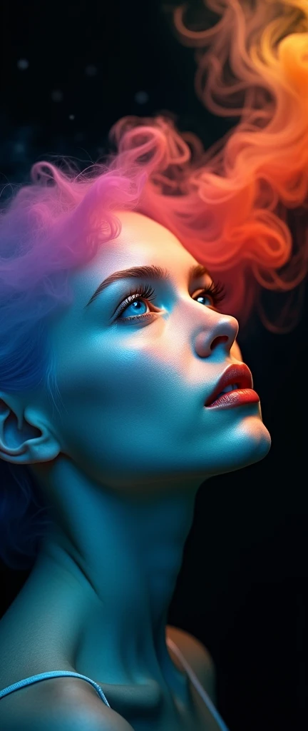 An ultra-realistic and highly detailed image of a woman's head. Her skin is pale, and instead of hair, there is beautiful colored smoke ascending towards the sky. She is in profile, with blue eyes and lips colored like a rainbow. The background is completely black. The image is post-processed with Unreal Engine 5 for enhanced realism and vibrant colors. The scene is captured with a Nikon Z7 II paired with a 105mm f/1.4E ED lens, ensuring stunning clarity and rich details. The lighting is soft and directional, highlighting the ethereal beauty of the smoke and the woman's features. The aspect ratio is 9:16, emphasizing the vertical composition