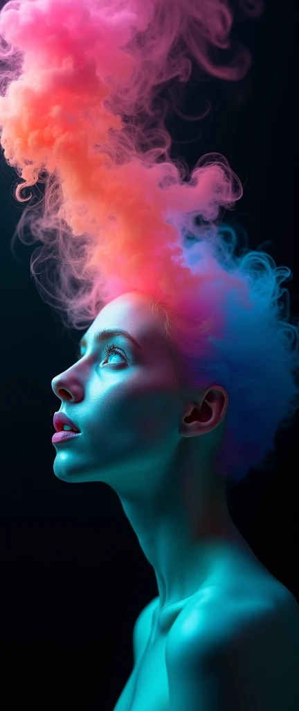 An ultra-realistic and highly detailed image of a woman's head. Her skin is pale, and instead of hair, there is beautiful colored smoke ascending towards the sky. She is in profile, with blue eyes and lips colored like a rainbow. The background is completely black. The image is post-processed with Unreal Engine 5 for enhanced realism and vibrant colors. The scene is captured with a Nikon Z7 II paired with a 105mm f/1.4E ED lens, ensuring stunning clarity and rich details. The lighting is soft and directional, highlighting the ethereal beauty of the smoke and the woman's features. The aspect ratio is 9:16, emphasizing the vertical composition 