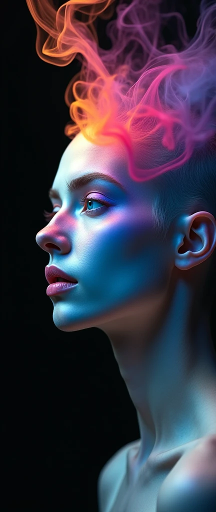 An ultra-realistic and highly detailed image of a woman's head. Her skin is pale, and instead of hair, there is beautiful colored smoke ascending towards the sky. She is in profile, with blue eyes and lips colored like a rainbow. The background is completely black. The image is post-processed with Unreal Engine 5 for enhanced realism and vibrant colors. The scene is captured with a Nikon Z7 II paired with a 105mm f/1.4E ED lens, ensuring stunning clarity and rich details. The lighting is soft and directional, highlighting the ethereal beauty of the smoke and the woman's features. The aspect ratio is 9:16, emphasizing the vertical composition