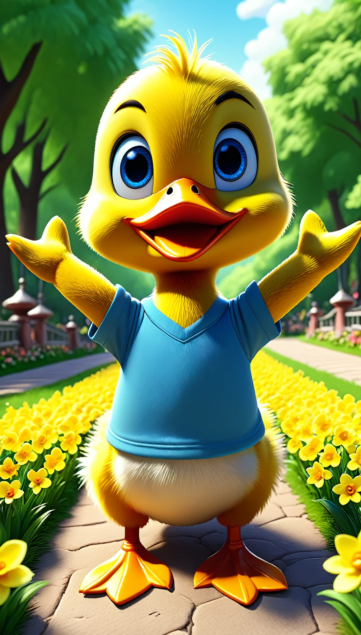 cute tiny duck, cartoon , arms, hands ,cute eyes, looking at viewer, arms up, close, yellow flowers, blue shirt, park