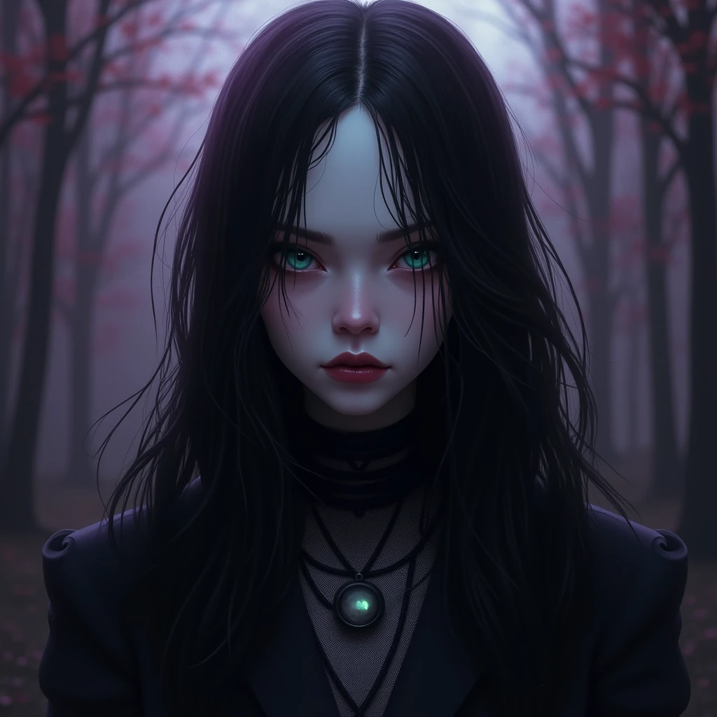 Serial killer. He's a long-wanted serial killer. Scary .Sexy young male, black long silky-smooth hair. Teal blue eyes. Long eyelashes. Gothic style. Gothic clothing.No facial hair. No body hair. Long boots. A long-wanted serial killer. Purple and black. Surreal, Insanely detailed, Detailed face. Delicate features. White skin. Pale skin. A serial killer. He's a long-wanted serial killer. Scary.