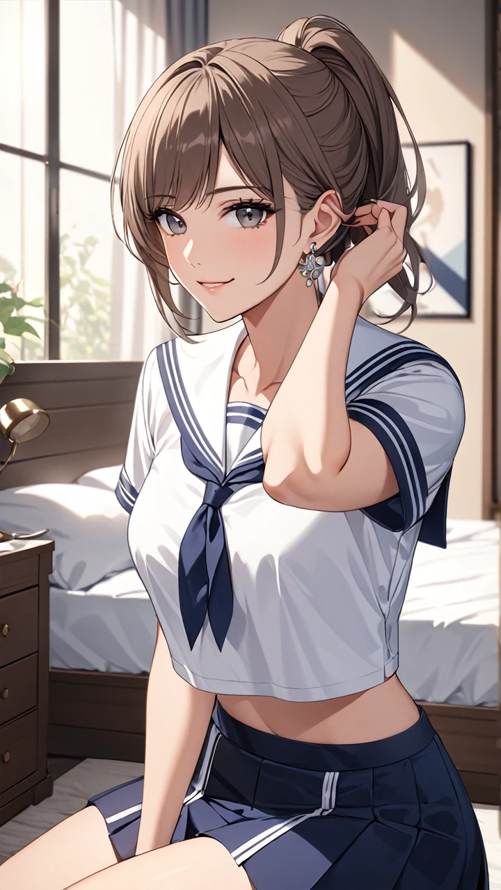 Highest quality　masterpiece　High resolution　masterpiece　Brown Bob　　Grey Eyes, high pony tail cut, wearing sailor uniform, seductive smile, tight, sit, bedroom, midriff peek, mature female, adjusting hair, earrings