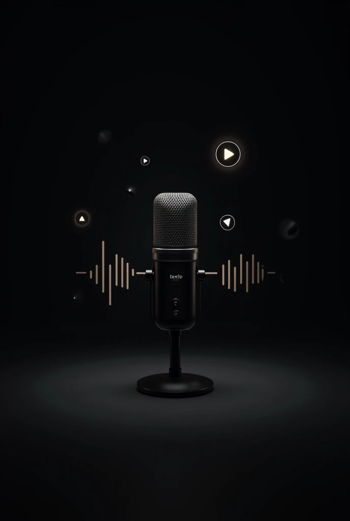 A simple black background, Highlighting a studio microphone in the center. Around the microphone, You can include icons "play" Sound waves