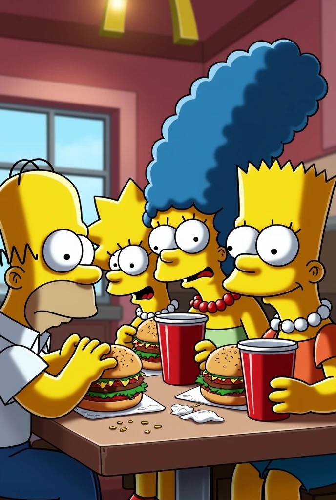 The Simpsons eating burgers and fries at McDonald's