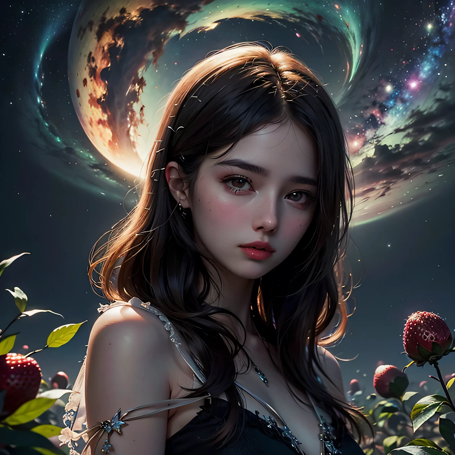 (delicate scene:1.2), 1girl among lush strawberry fields, pale skin, black hair, black eyes, milkyway stars, (unity 8k wallpaper, ultra detailed, masterpiece, best quality, official art, beautiful and aesthetic:1.2),