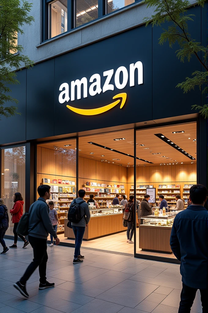 Store selling material goods with a sign indicating that there are various products and that says AMAZON, And it says store open