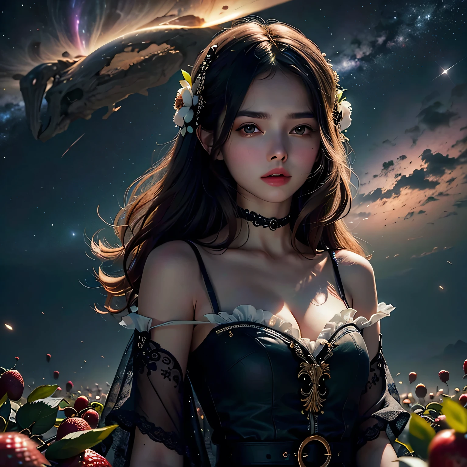 (delicate scene:1.2), 1girl among lush strawberry fields, pale skin, black hair, black eyes, milkyway stars, (unity 8k wallpaper, ultra detailed, masterpiece, best quality, official art, beautiful and aesthetic:1.2),