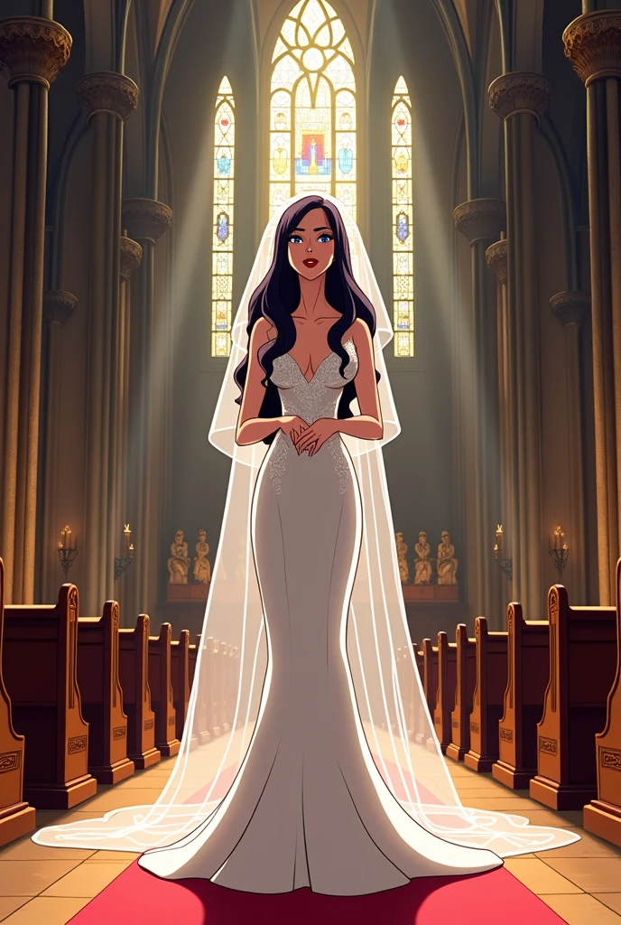 Zatanna from JLU dressed as a bride in the church, DC animated series style