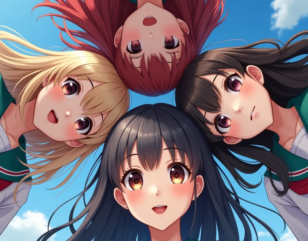 Best_Quality, HDR, photorealistic masterpiece, Hi-Res, (group photo:1.6), ((3SchoolGirls Surrounding the camera in Upward composition)), Panoramic, (European face variations:1.4), { Looking down at the camera | (Kissing face to face) }, (((close:1.2, Face closeup from below:1.4))), (((Sky background)) real skin pores) . Extremely Detailed face variations, captivating gaze, elaborate detailed Eyes, long eyelashes、Glossy RED Lips with beautiful details, natural photorealistic skin . { (joyful expressions) | (Kissing) }, SchoolUniform, { Different types of hair colors | blond, redhead, brunette} , Different types of faces and races
