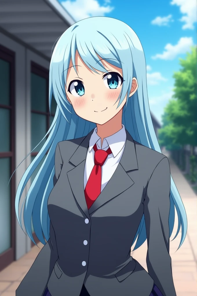 Screenshot of My Hero Academia beautiful woman with long light blue hair, slanted eyes, blue eyes, happy expression on her face, gray blazer uniform, red tie, walking down a school hallway in the background, looking at the camera from the front, low angle shot.